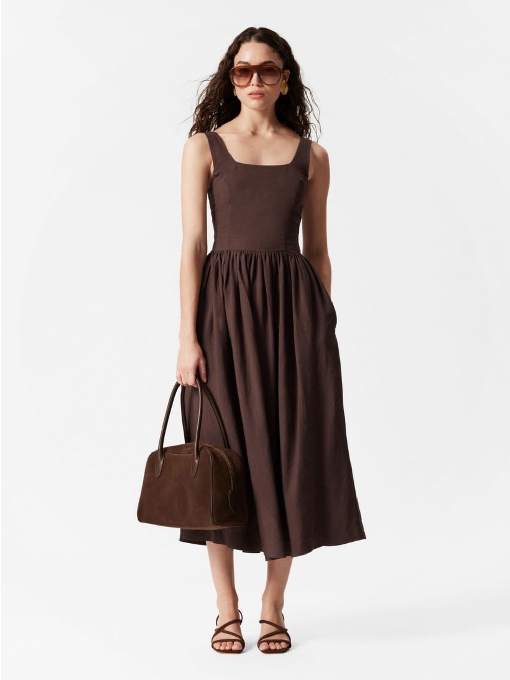 & Other Stories Sleeveless Square-Neck FLARED MIDI DRESS in brown, size 4 - Picture 2 of 5